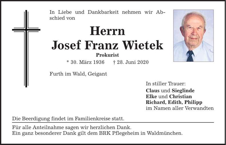 Traueranzeige Josef Franz Wietek