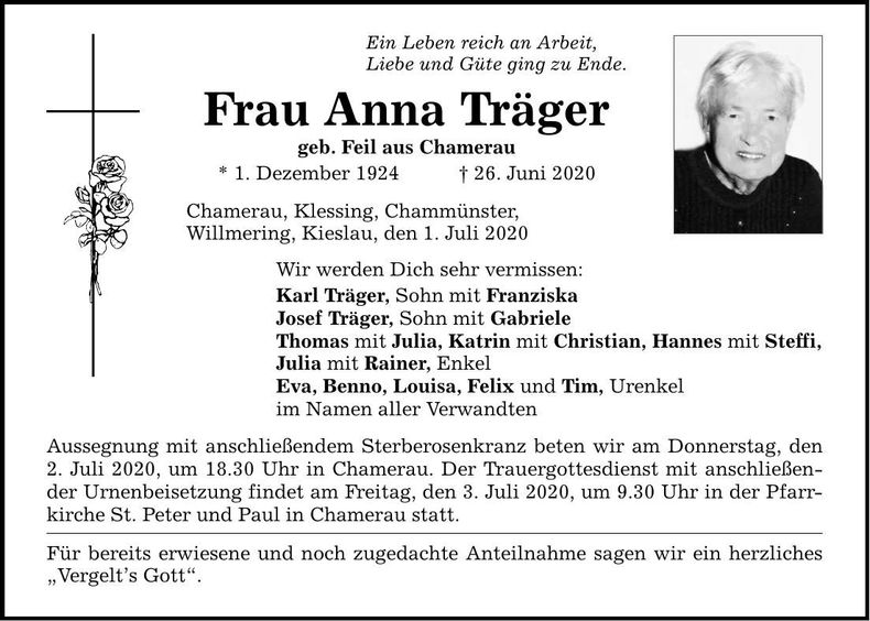 Traueranzeige Anna Träger