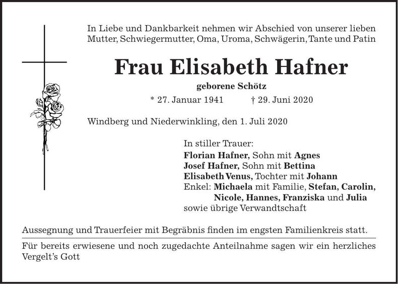 Traueranzeige Elisabeth Hafner