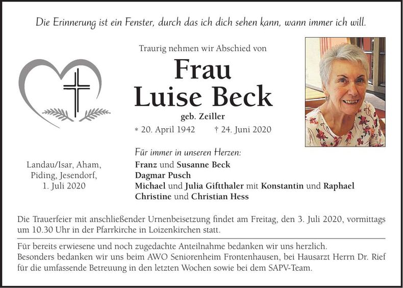 Traueranzeige Luise Beck
