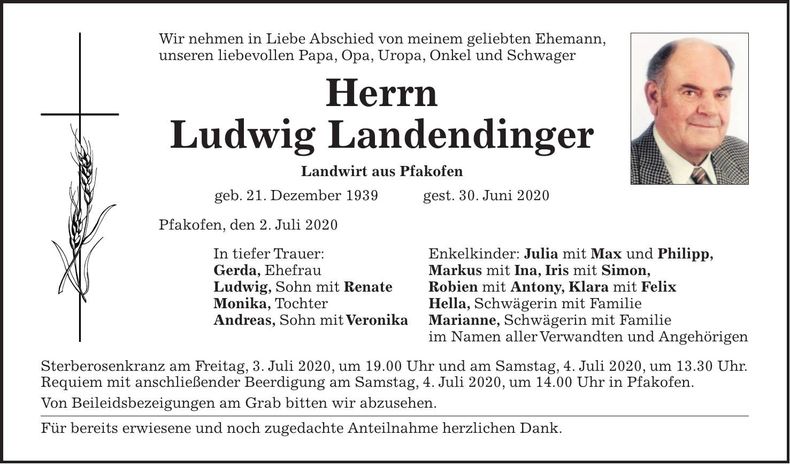 Traueranzeige Ludwig Landendinger