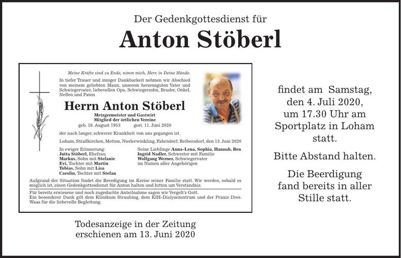 Traueranzeige Anton Stöberl