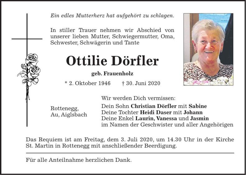 Traueranzeige Ottilie Dörfler