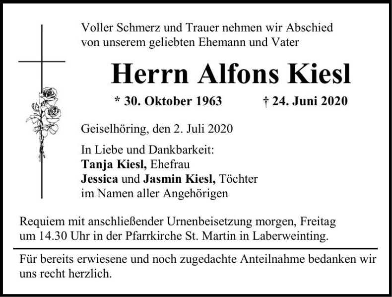 Traueranzeige Alfons Kiesl
