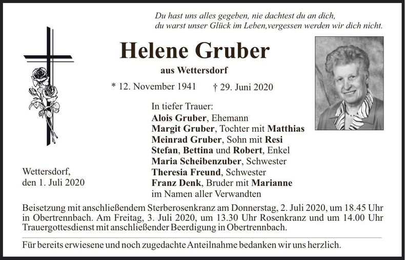 Traueranzeige Helene Gruber