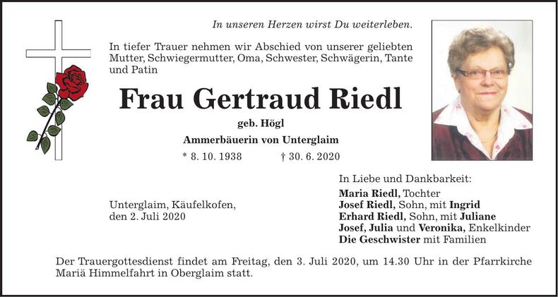 Traueranzeige Gertraud Riedl