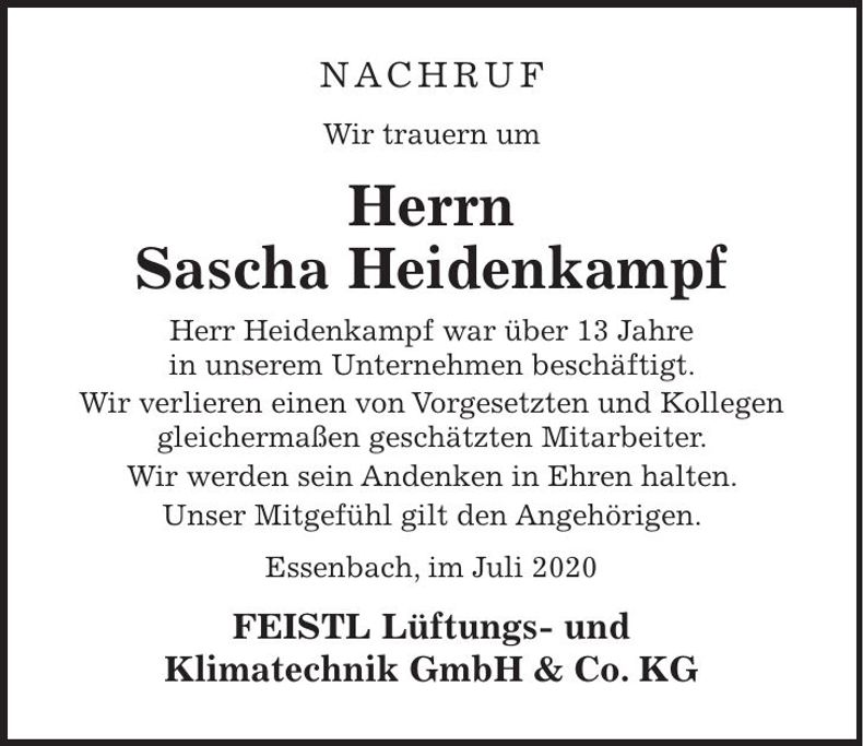 Traueranzeige Sascha Heidenkampf