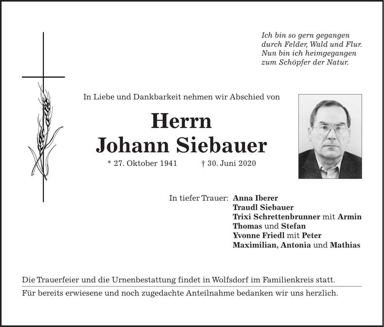 Traueranzeige Johann Siebauer