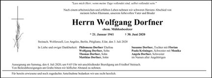Traueranzeige Wolfgang Dorfner