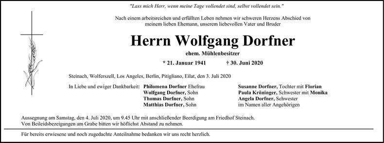 Traueranzeige Wolfgang Dorfner