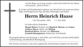 Traueranzeige Heinrich Haase