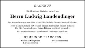 Traueranzeige Ludwig Landendinger