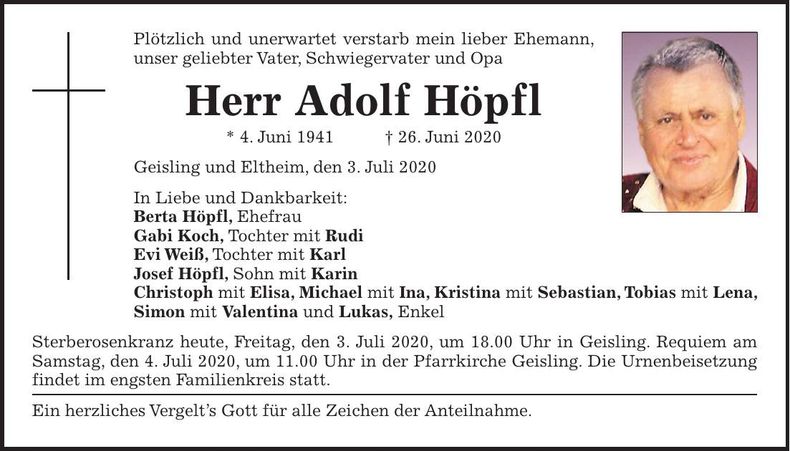 Traueranzeige Adolf Höpfl