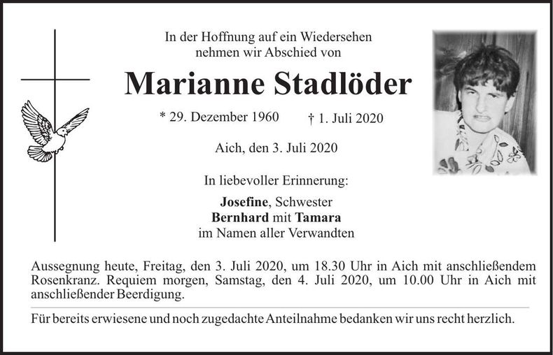 Traueranzeige Marianne Stadlöder