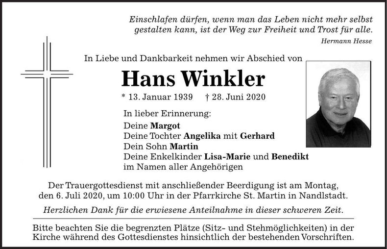 Traueranzeige Hans Winkler