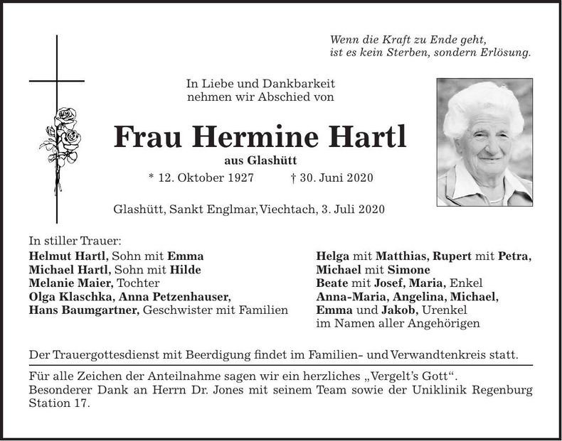 Traueranzeige Hermine Hartl