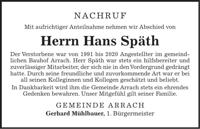 Traueranzeige Hans Späth
