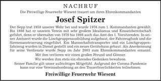 Traueranzeige Spitzer Josef
