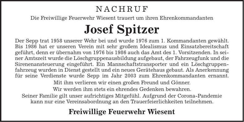 Traueranzeige Spitzer Josef