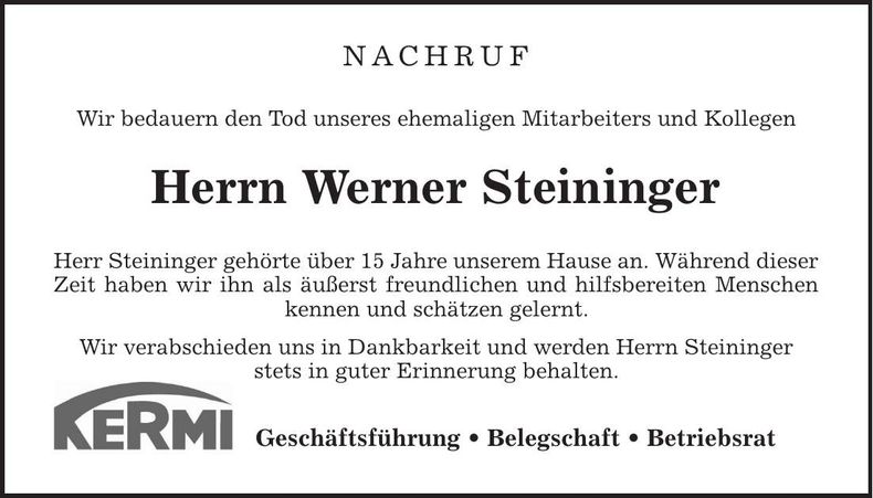 Traueranzeige Werner Steininger