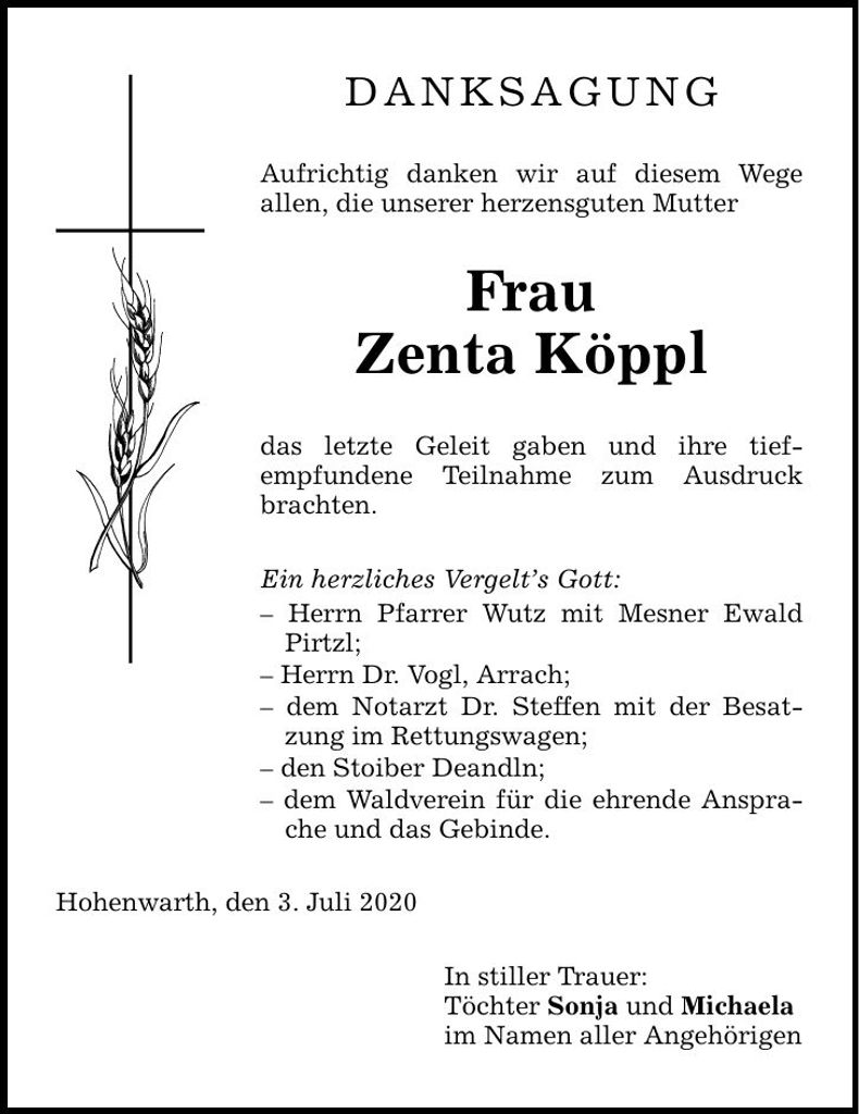 Traueranzeige Zenta Köppl