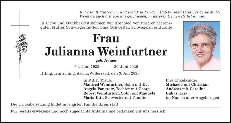 Traueranzeige Julianna Weinfurtner