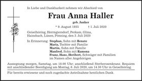 Traueranzeige Anna Haller
