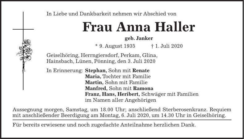 Traueranzeige Anna Haller