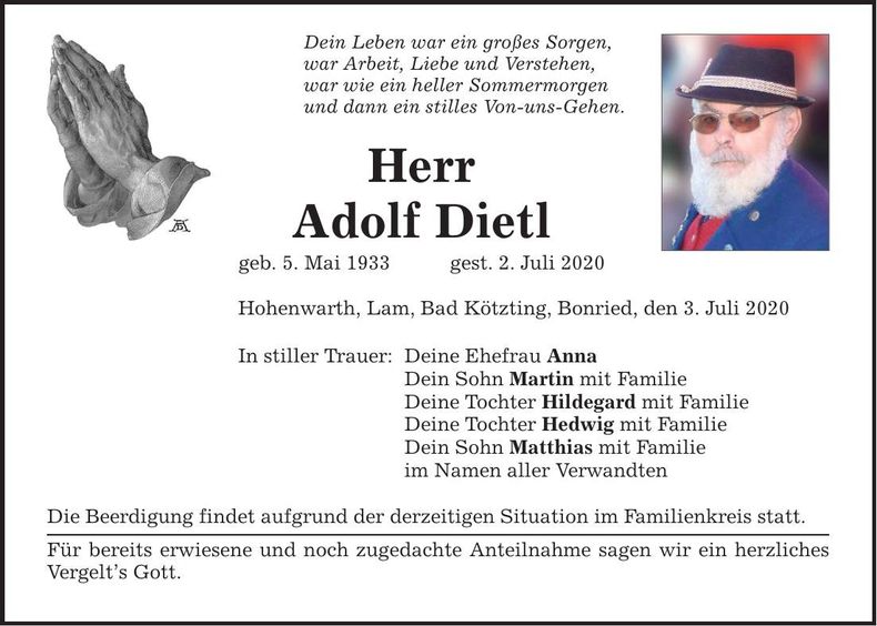 Traueranzeige Adolf Dietl