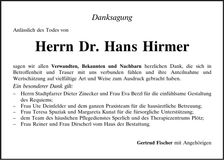 Traueranzeige Hans Hirmer