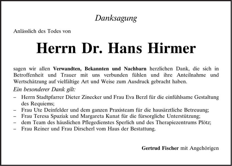 Traueranzeige Hans Hirmer