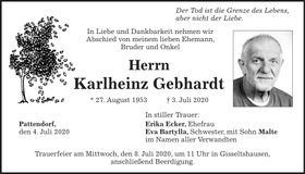 Traueranzeige Karlheinz Gebhardt