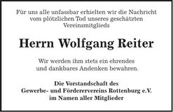 Traueranzeige Wolfgang Reiter