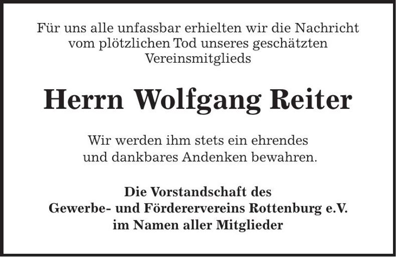 Traueranzeige Wolfgang Reiter
