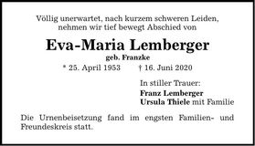 Traueranzeige Eva-Maria Lemberger
