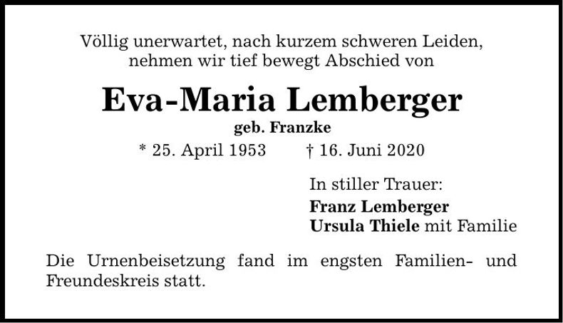 Traueranzeige Eva-Maria Lemberger