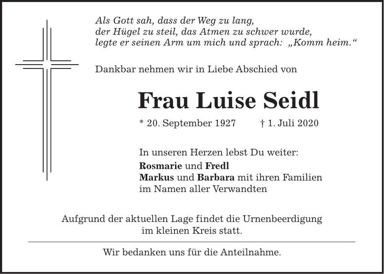 Traueranzeige Luise Seidl