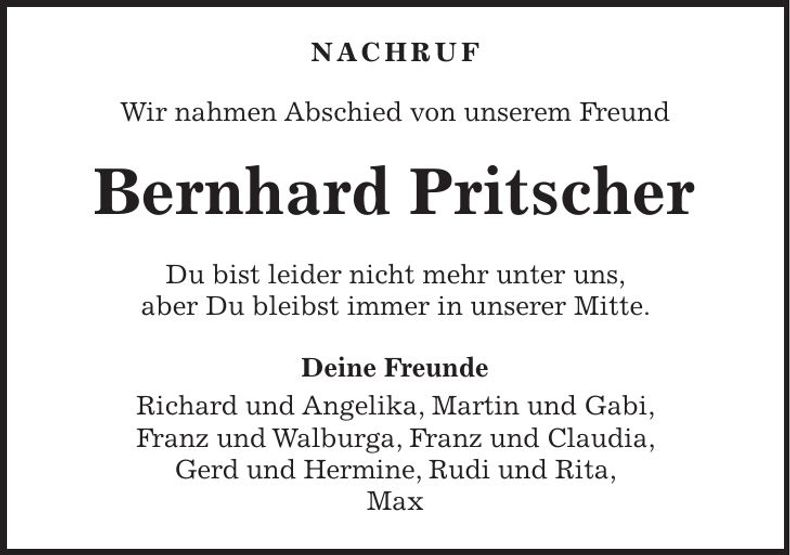 Traueranzeige Bernhard Pritscher