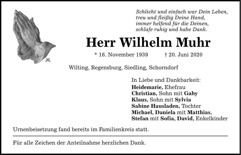 Traueranzeige Wilhelm Muhr