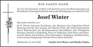 Traueranzeige Josef Winter