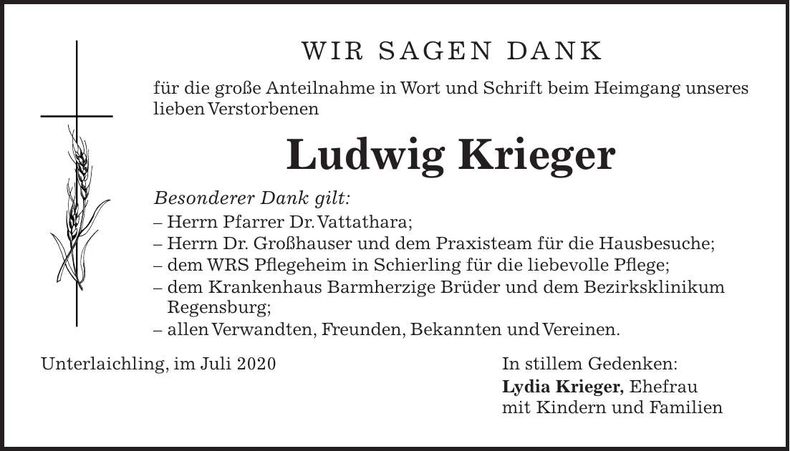 Traueranzeige Ludwig Krieger