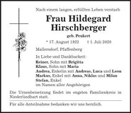 Traueranzeige Hildegard Hirschberger