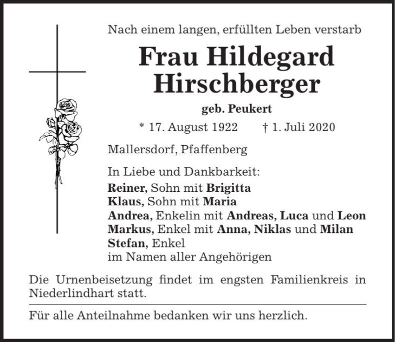 Traueranzeige Hildegard Hirschberger