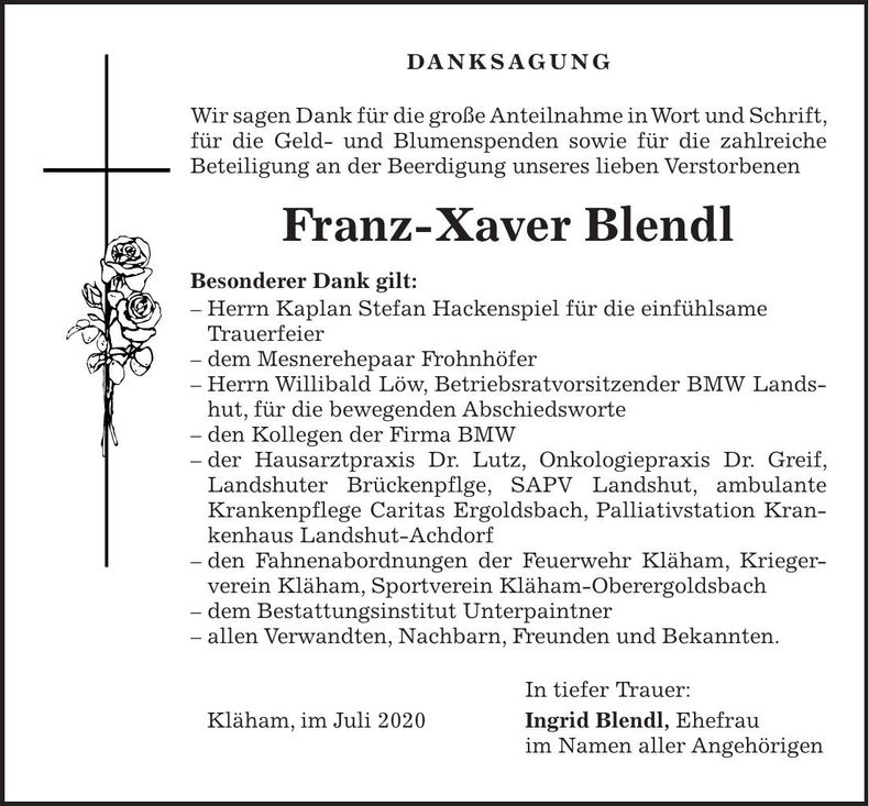 Traueranzeige Franz-Xaver Blendl