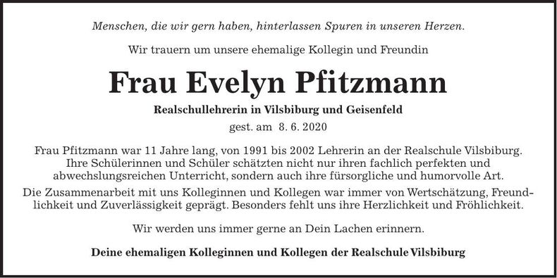Traueranzeige Evelyn Pfitzmann