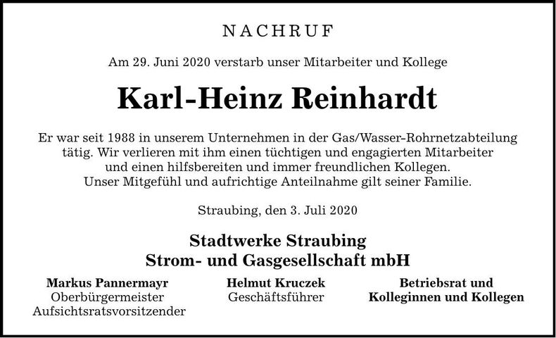 Traueranzeige Reinhardt Karl-Heinz