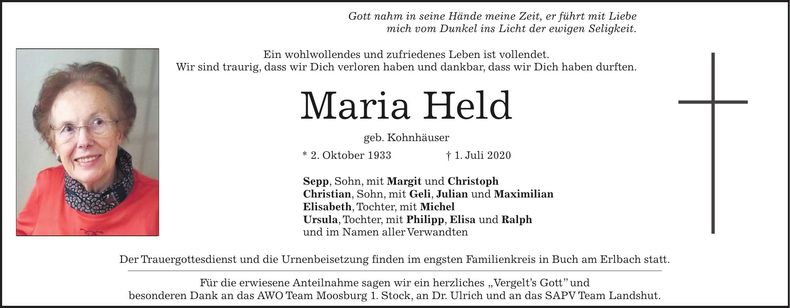 Traueranzeige Maria Held