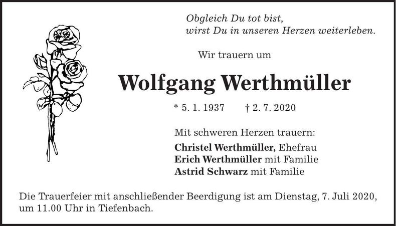 Traueranzeige Wolfgang Werthmüller