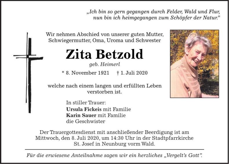 Traueranzeige Zita Betzold