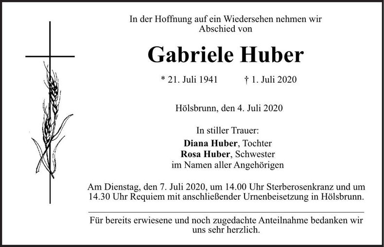 Traueranzeige Gabriele Huber